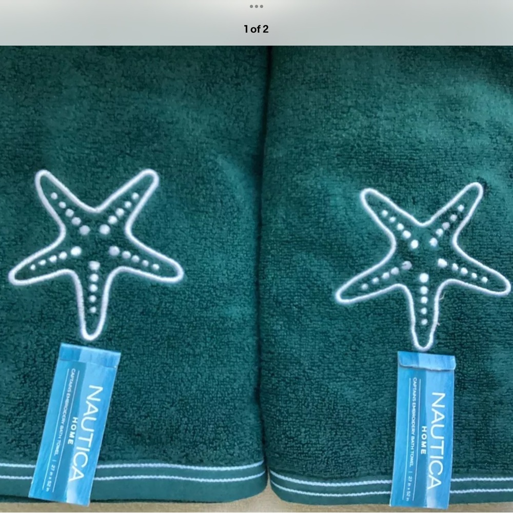 Nautica Captains Embroidered Starfish Teal Green Bath Towels Set of 2 NWT